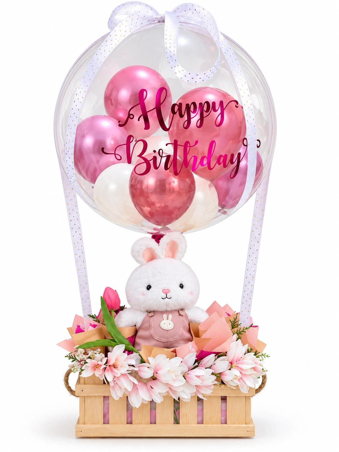 Arreglo terminado con globo aerostático, flores y peluche de Maracuyá